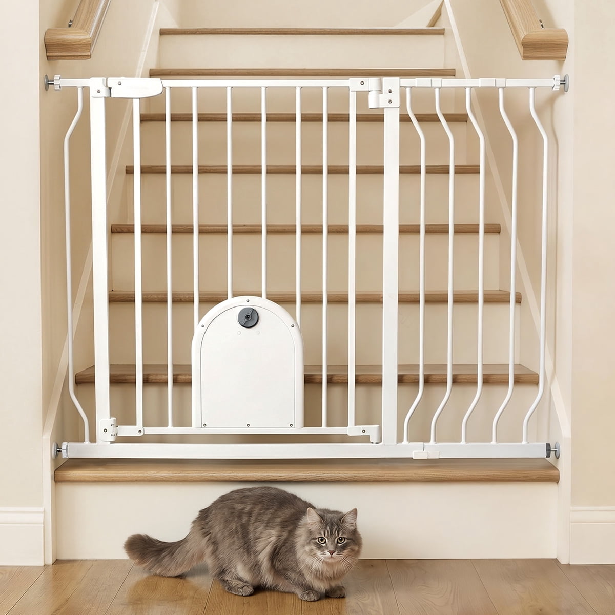 Pet Gate, 29.5''-43.7'' Dog Gates with Cat Door for Stairs & Doorways, Gate for Ages 6 to 36 Months, White