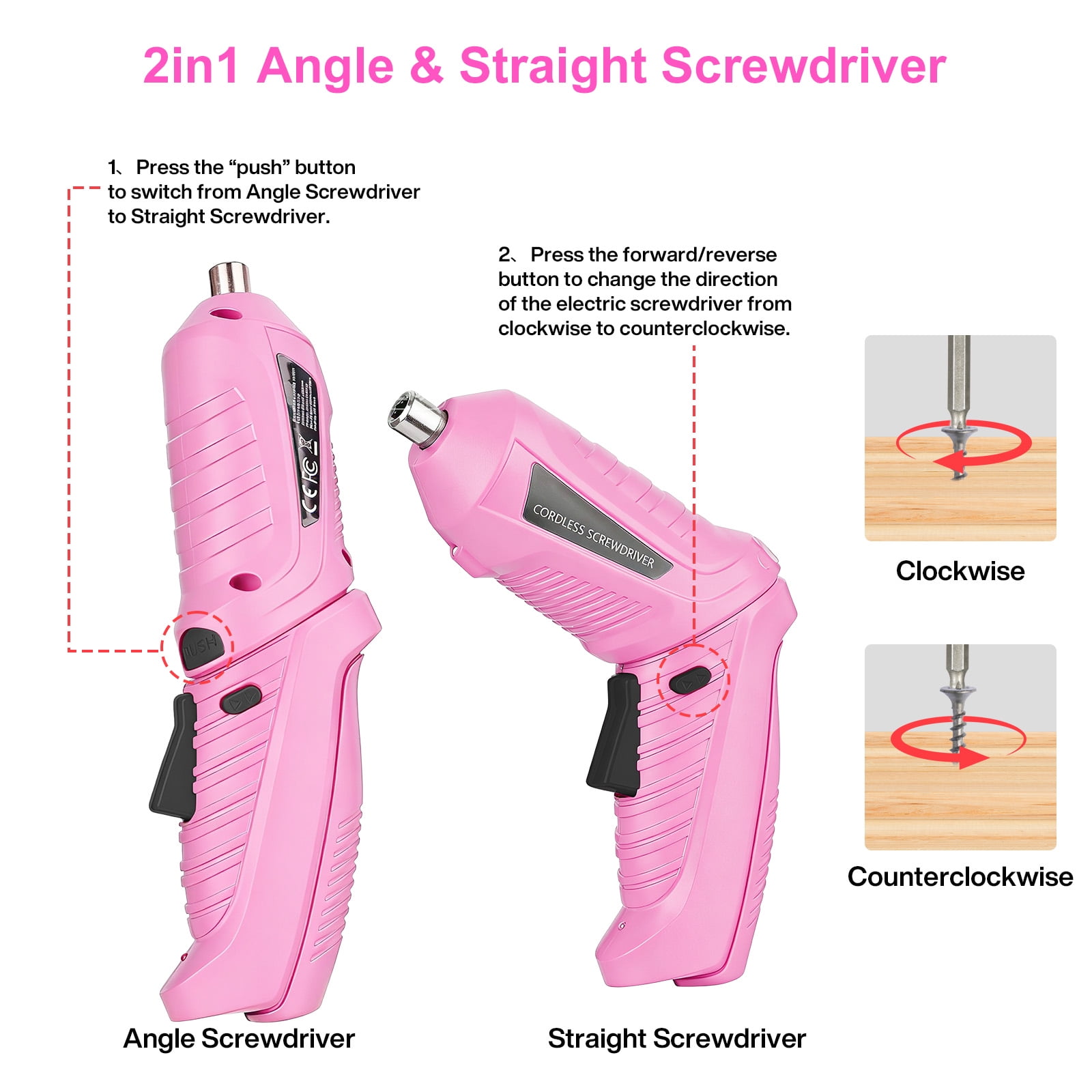Electric Screwdriver Set, Handheld cordless drill Rechargeable Tool, Rotatable 90 Degrees Cordless Electric Screwdriver Set with Rechargeable Battery and LED Light for Home DIY, Pink