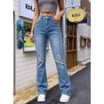thumbnail image 4 of Women's High Waisted Straight Leg Jeans Distressed Blue Denim Cuffed Casual Pants, 4 of 7