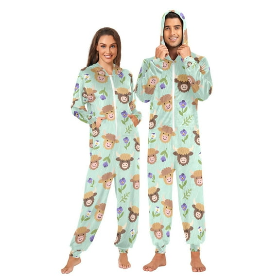 joogoo Cartoon Highland Cattle Flowers Unisex Adults Onesies Pajamas Jumpsuits L