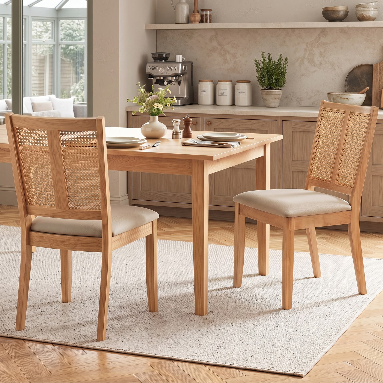 Furnibear Rattan Dining Chairs Set of 2, Upholstered Kitchen Chairs with Curved Backrest, Woven PVC Rattan Back and Padded Fabric Seat for Dining Room, Rubber, Natural