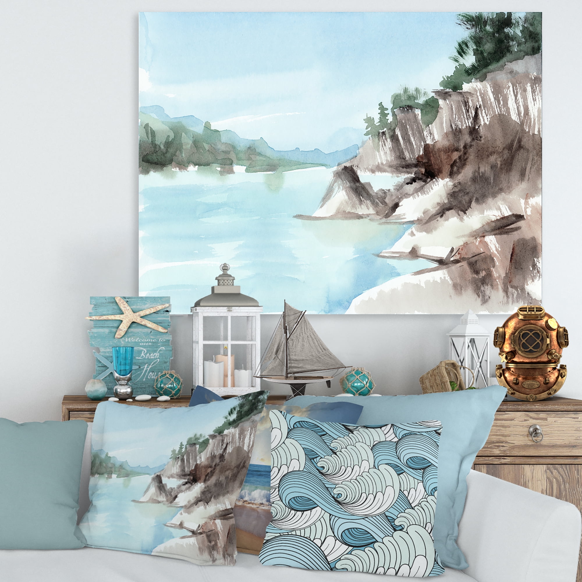 Rocks With The Blue Lake 32 in x 24 in Painting Canvas Art Print, by Designart