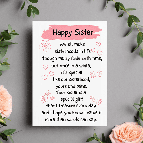 Sister Appreciation Greeting Card - Floral Design with Butterflies and Hearts