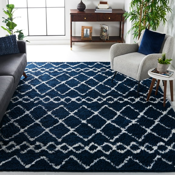 SAFAVIEH Berber Feride Geometric Shag Area Rug, Navy/Ivory, 6'7" x 6'7" Square