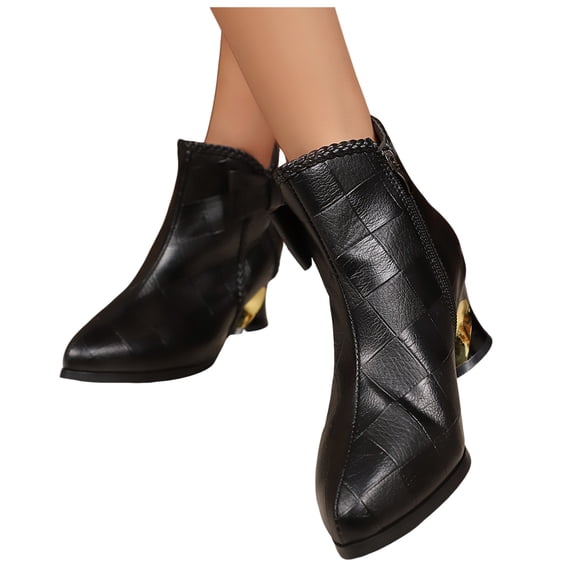Womens Ankle Boots Elegant Dressy Low Heel Vintage Checkered Pattern Bow Pointed Toe Zipper Short Fall Booties