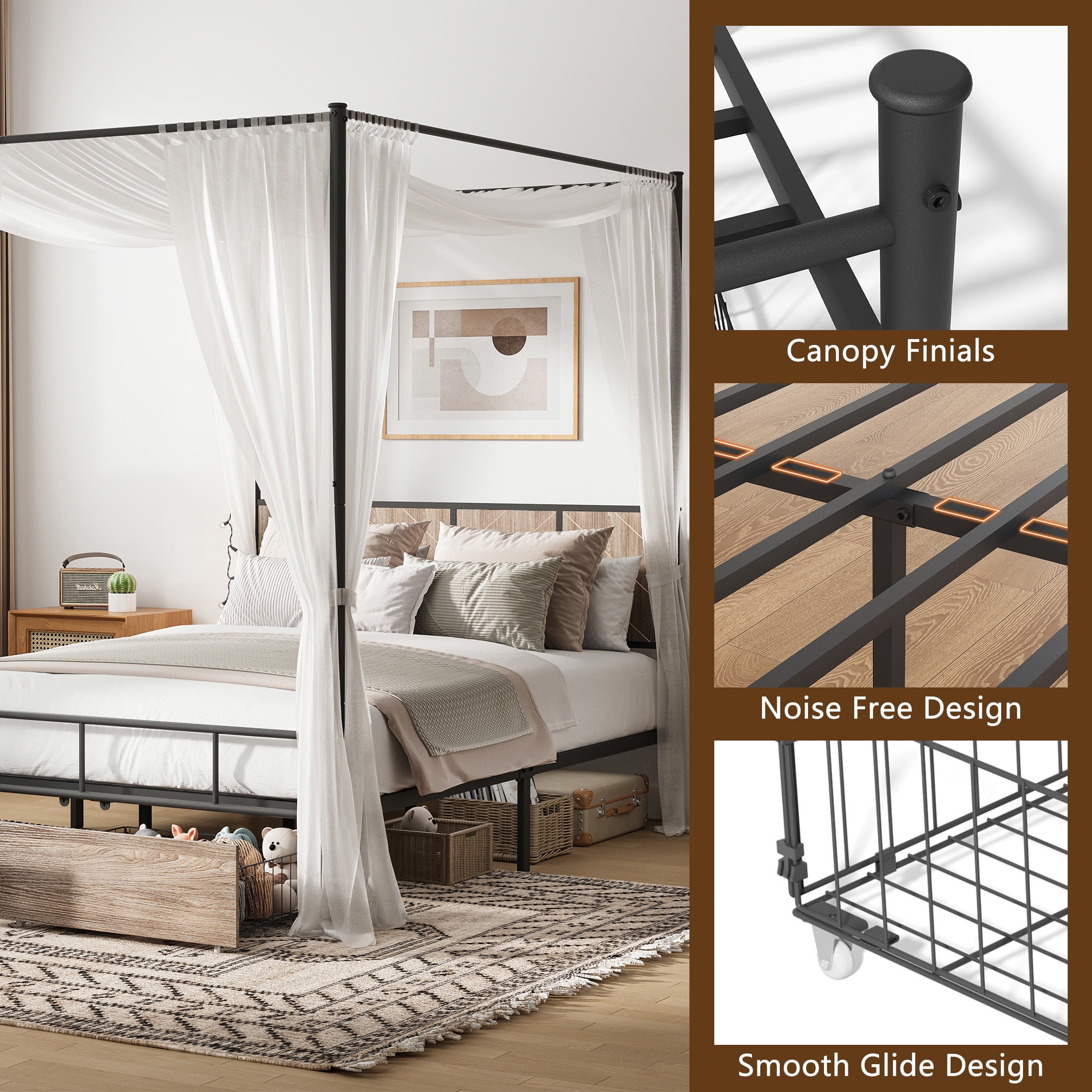 HSUNNS Queen Bed Frame, Queen Size Canopy Bed Frame with 2 Storage Drawers, Wooden Headboard and Footboard, Metal Platform Bed with Under-Bed Storage, No Box Spring Needed, Black+Brown