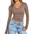 thumbnail image 3 of Nestiefly Long Sleeve Shirts for Women Fall Fashion V Neck Crop Tops Soft Stretchy Thermal Base Layer Undershirt Light Brown L, 3 of 6