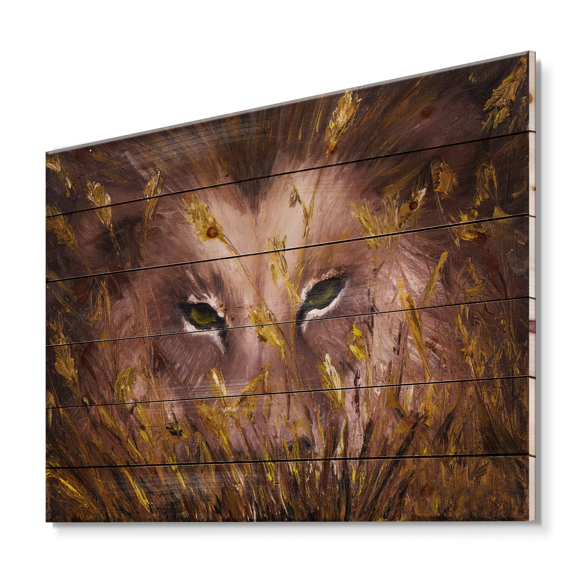 Designart 'Close Up Of Wolf Eyes In The Grass' Farmhouse Print on Natural Pine Wood