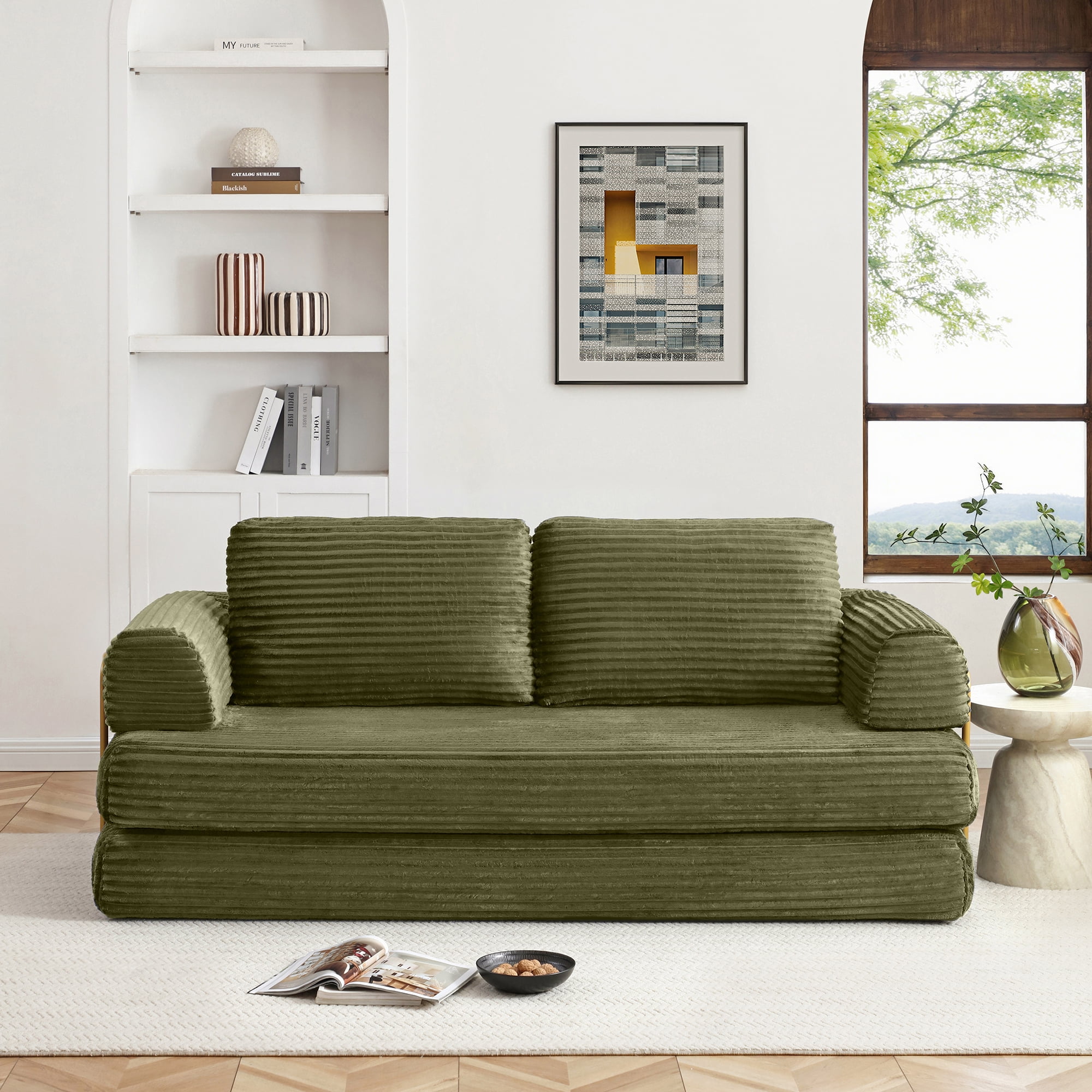 79.5" Convertible Sofa Bed,Folding Sleeper Sofa Couch Bed with Fixed-Shape Frame,Corduroy Fold Out Sleeper Loveseat for Living Room,Bedroom,Apartment,Green