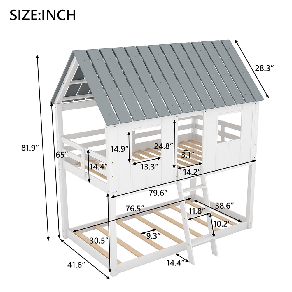 Kadyn Twin over Twin Size Low Bunk Beds with Roof and Fence-shaped Guardrail, White