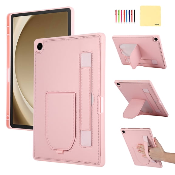 Dteck Adjustable Stand Case for Samsung Galaxy Tab A9 / A11 8.7" (2023/2025) (SM-X110 / X115 / X117 / X130 / X133 / X135) with Hand Strap, Shockproof PU Leather Pen Holder Hard Rugged Cover, Pink