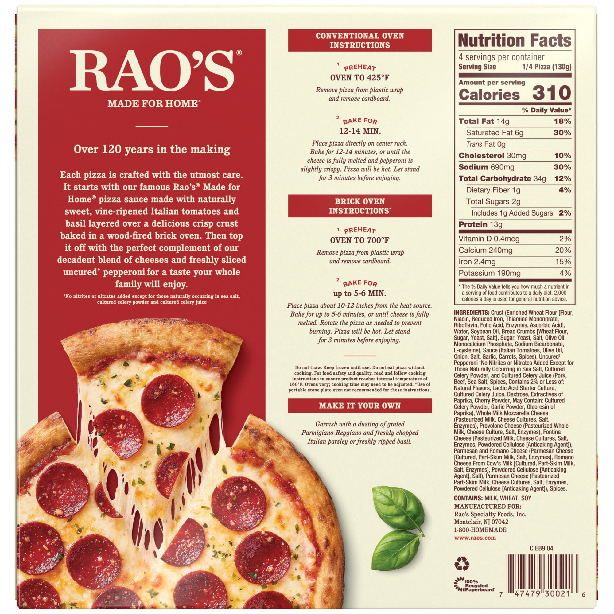 Rao's Made for Home Uncured Pepperoni Pizza Frozen Pizza, 18.3 oz Box
