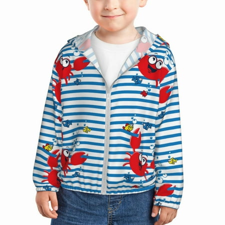 

Gaeub Red Funny Crab on Blue Stripe Print Athletic Sun Protection Hoodie for Kids Long Sleeve Outdoor UV Shirt Running Fishing Top for Boys Girls-2 Years