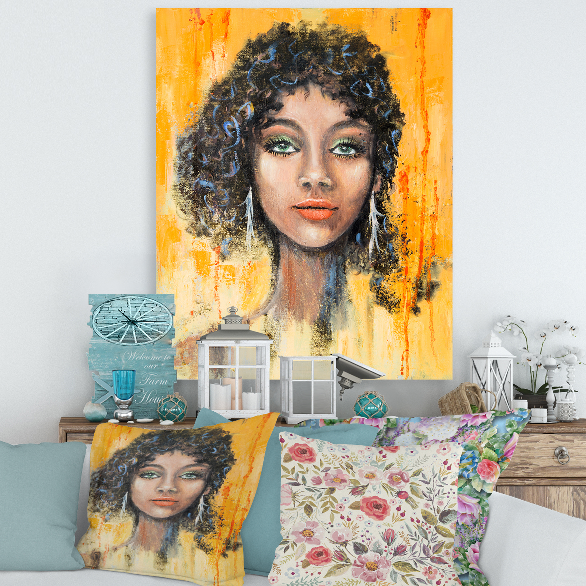Designart ' Girl Face With Green Eyes & Black Hair Impression ' Modern Canvas Wall Art Print