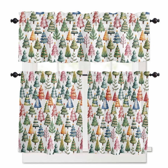 Christmas Tree Kitchen Curtains and Valances Set, Green Blue Pink Trees Winter Watercolor Rod Pocket Window Valance 18 Inch Window Curtain Panels for Living Room Bedroom Laundry, 27.5x24in, 3 Pieces