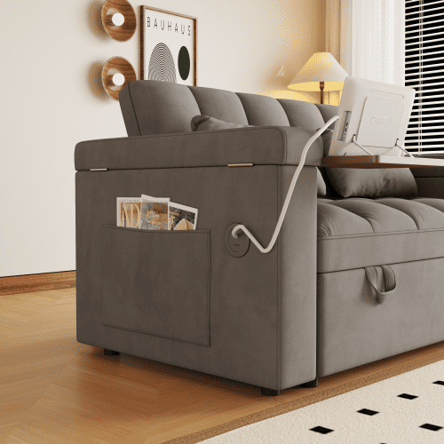 REHOUSING Velvet Multifunctional Pull-Out Sofa Bed with Hidden Side Table and Storage Armrests, Gray