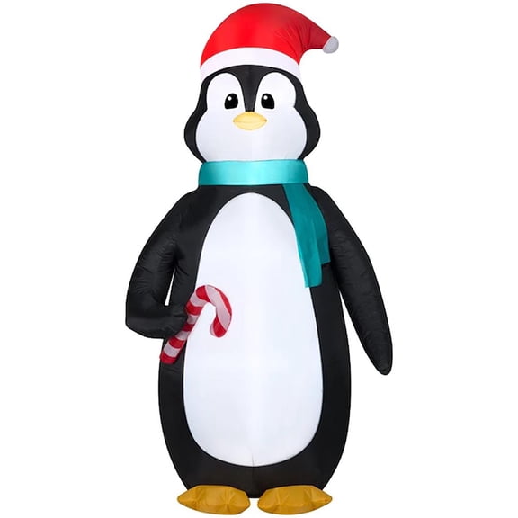7' Gemmy Airblown Inflatable Christmas Penguin Wearing Santa Hat Holding Candy Cane Yard Decoration