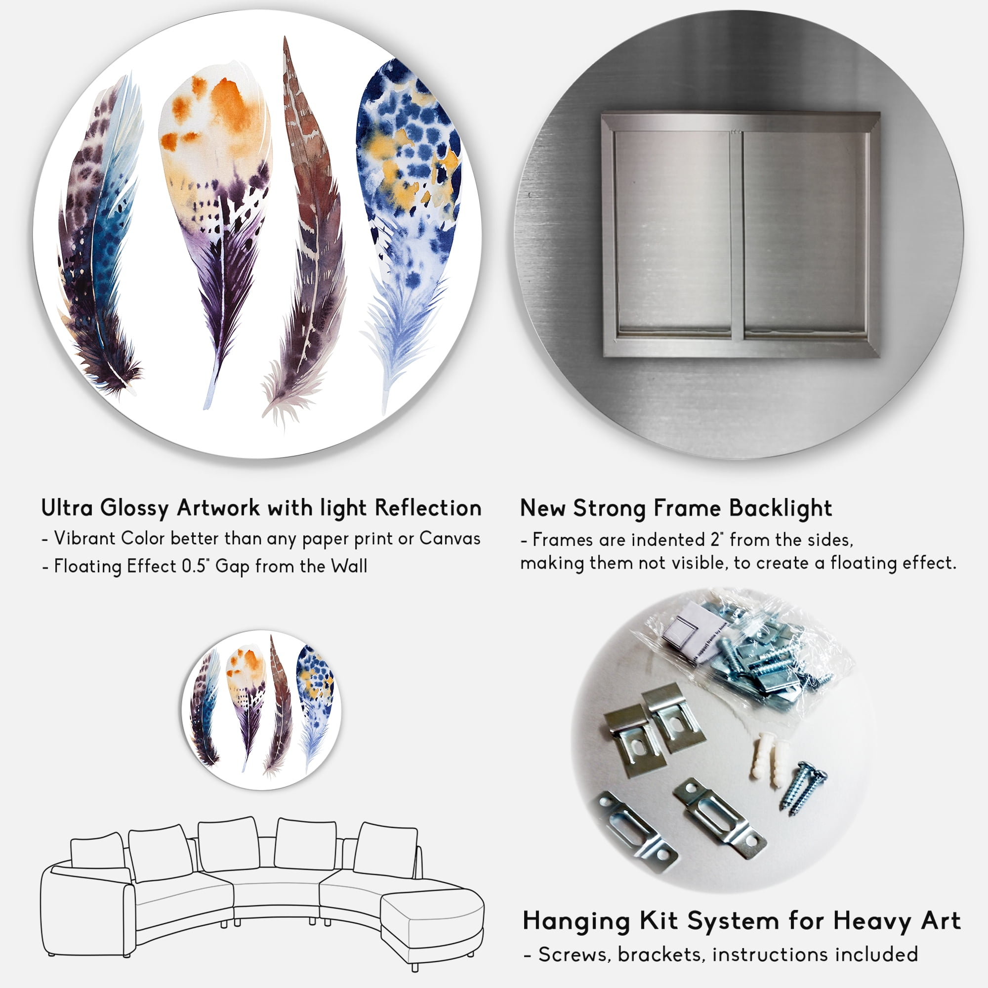 Designart 'Colourful Boho Feather Set On White VIII' Bohemian & Eclectic Circle Metal Wall Art 11x11 - Disc of 11