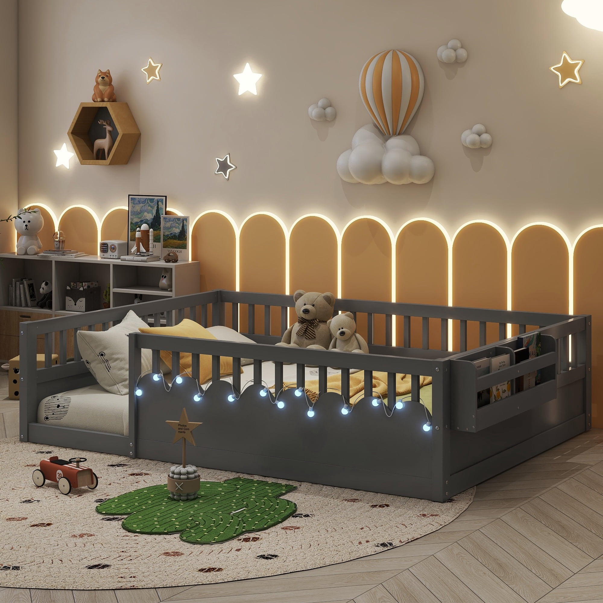 Euroco Wood Full Size Montessori Floor Bed with Guardrails and LED Light, Kids Bed with Storage Shelves, Gray