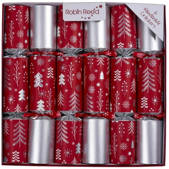 Robin Reed 12" Christmas Crackers, Silver and Red Trees  - Box of 6 (62501)