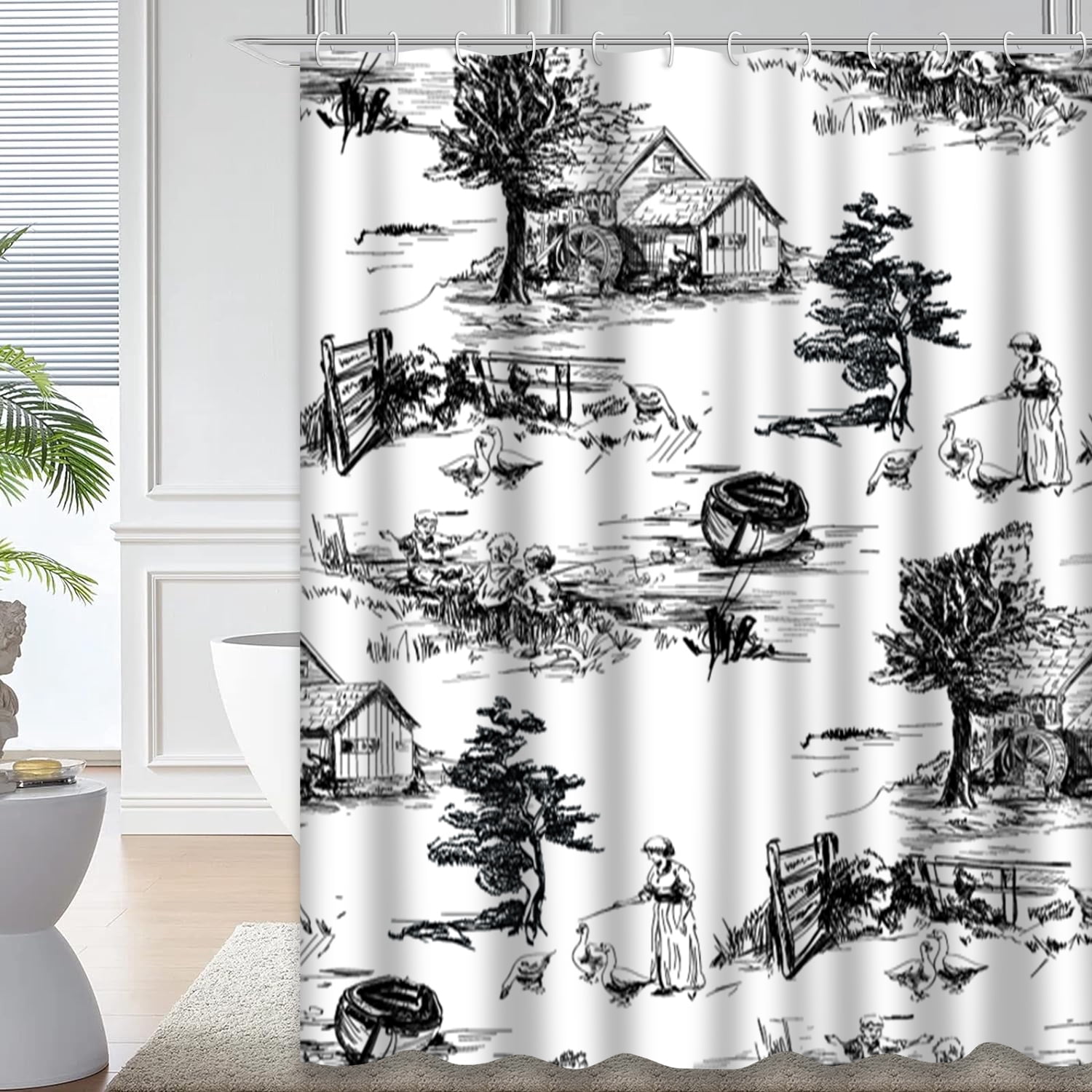 LALILO Old Beige Red Waterproof Shower Curtain,Classic with Old Town Village Scenes Toile Style Beige Shower Curtains for Bathroom with 12 Hooks,72x72 Inch