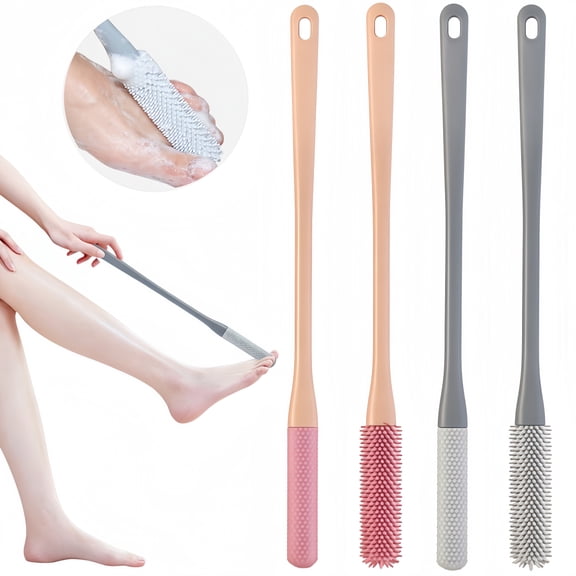 4 Pack Silicone Toe Cleaning Brush with Long Handle,15.7 inch Toe Scrubber for Shower,2 Color Exfoliating Foot Scrubber and Anti-Itch Brush for Elderly, Expecting Mothers and Limited Mobility Users