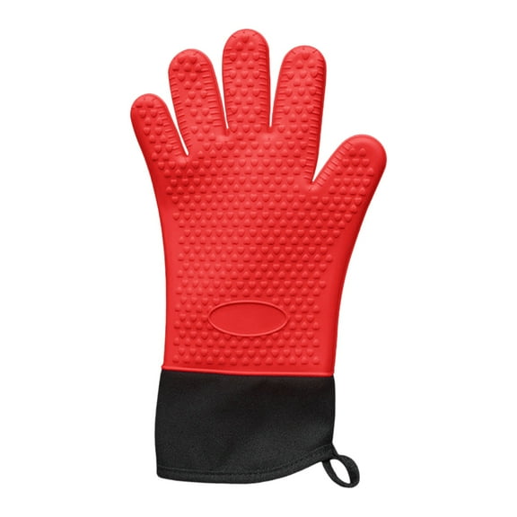 Kaireo Baking Gloves Red,Lengthened Plus Cotton Thickened Silicone Heat Insulation Five Finger Baking Anti Scalding Non Slip Microwave Gloves