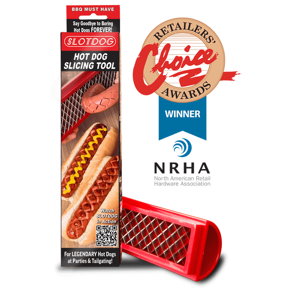SLOTDOG - Hot Dog Slicing Tool - Stainless Steel Slicer Cutter Blades for Kitchen, Grill, Tailgating, Camping and Backyard Outdoor BBQ - 10 inch - Red