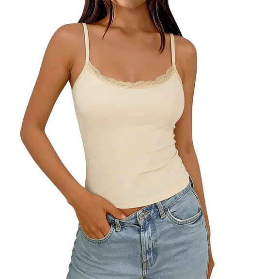 Fgnfyis Womens Casual Tops Seamless Sleeveless Camisole with Lace Built in Bra Cozy Soft Stretch Tank Built in Bra Tank Tops for Women Beige One Size