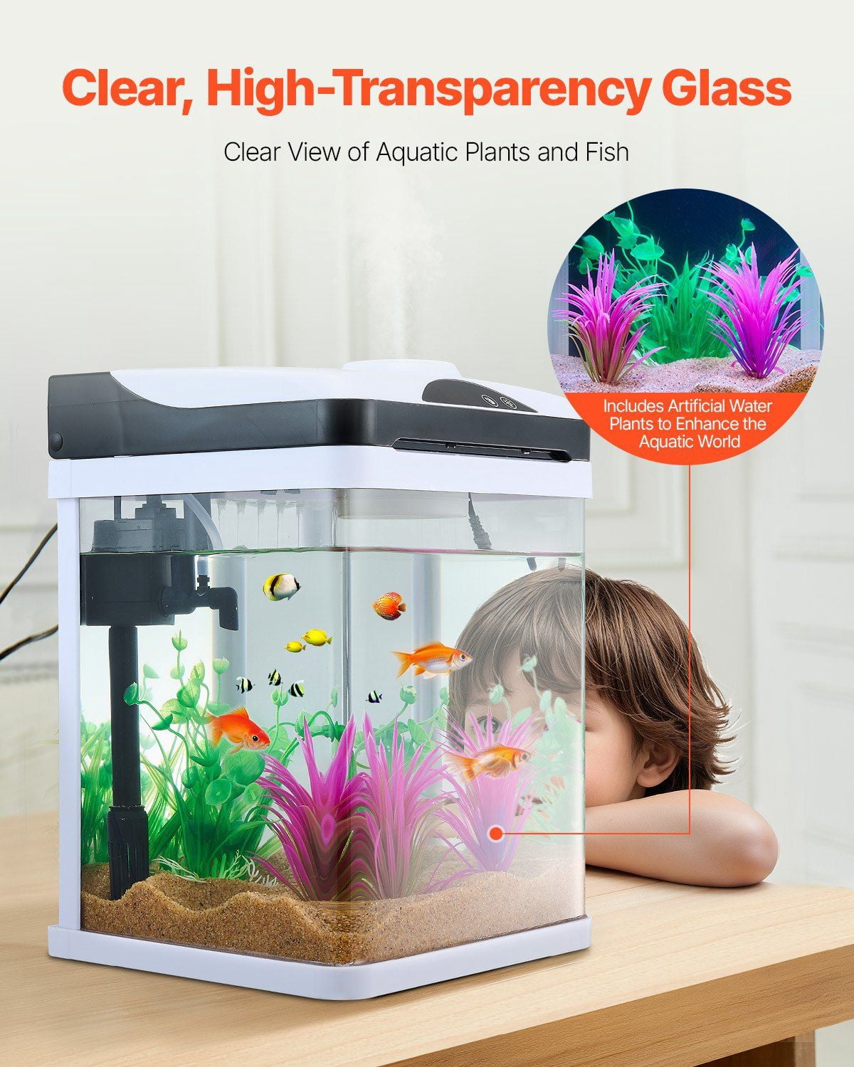 2 Gallon Fish Tank Aquarium LED Smart Square Clear Glass Aquarium with 7 Color Lighting, Self-Cleaning Filtration, Oxygenation, Water Circulation, Low-Noise Pump, High Definition Glass, for Beginners