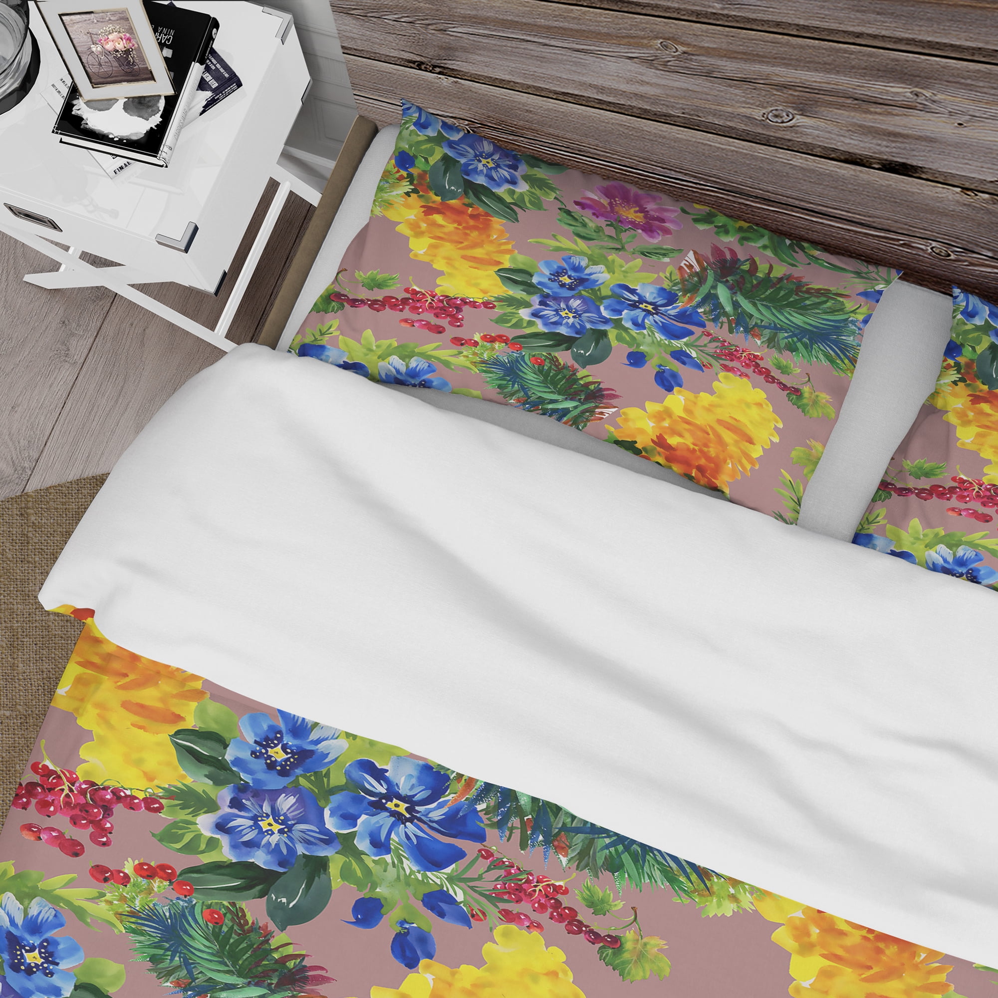 Designart 'Blue and Yellow and Pink Flower with Little Red Berries' Abstract Duvet Cover Set
