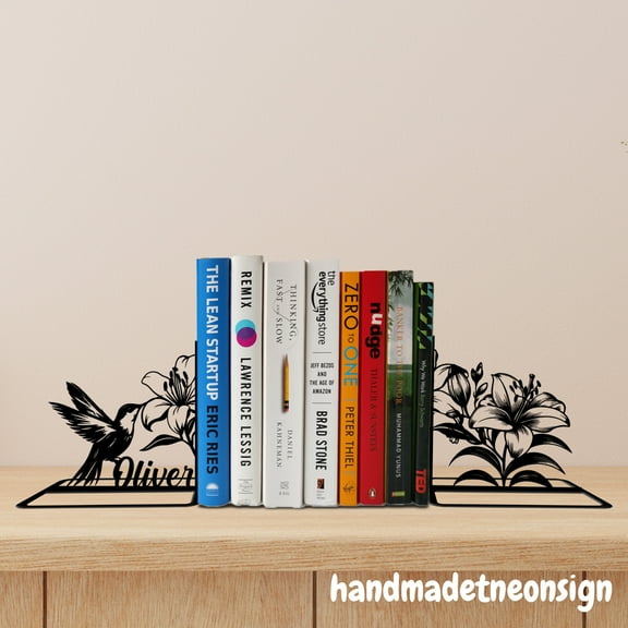 Handmadetneonsign Custom Hummingbird Flower Metal Bookends, Flower Bookend, Metal Modern Bookends 69511