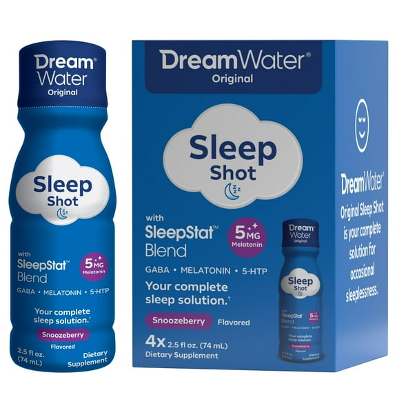 Dream Water Sleep Aid Supplement Drink; Melatonin 5mg, GABA, 5-HTP;   Zero sugar, Natural flavors, No added colors,  2.5 oz liquid sleep shots, Snoozeberry,  4-Count