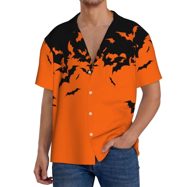 Balery Halloween With Black Bats Camisa Casual de Manga Corta con Botones para Hombre, Texturizada, Estilo Cubano, para Playa, Verano-Medium
