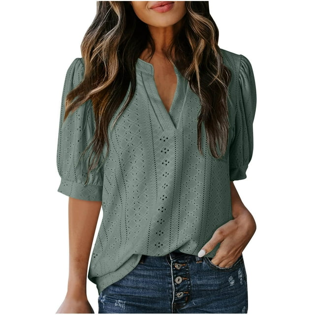 Liquidation! Hauts Grande Taille pour Femmes, Blouse à Manches Courtes d'Été pour Femmes, Blouse Décontractée à Manches Courtes Unie Col en V pour Femmes