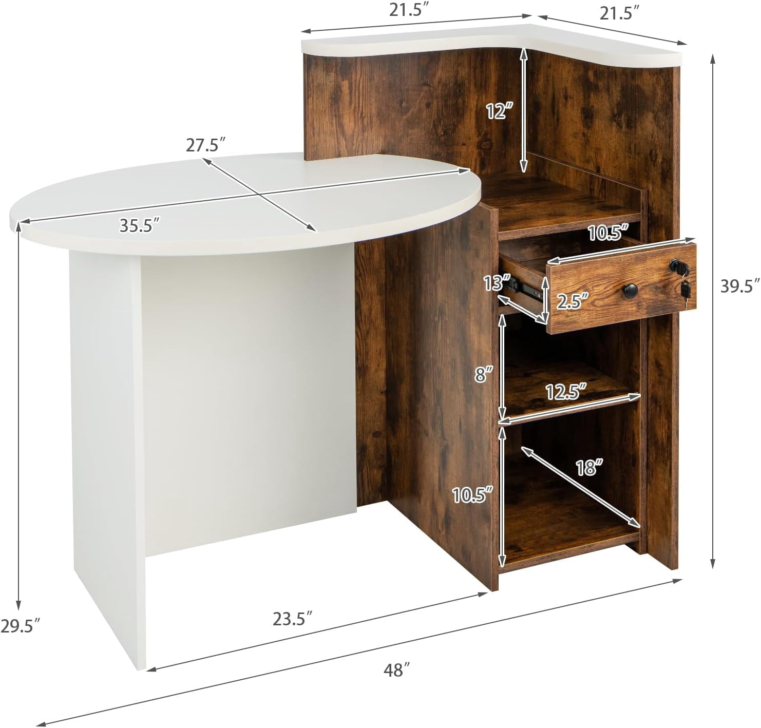 Reception Desk, Small Retail Checkout Counter with Lockable Drawer and Open Shelves, Wooden Front Desk Reception Counter, Oval Desktop & L Counter for Store Office Lobby Salon (Brown)