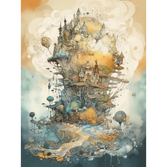 City in the Clouds Pastel Colour Concept Art Modern Watercolour Painting Large Wall Art Poster Print Thick Paper 18X24 Inch