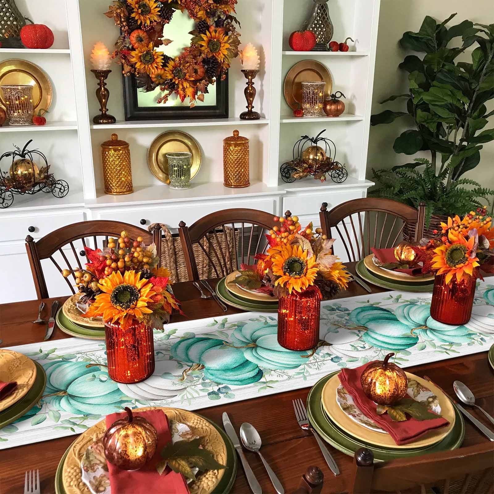 Table Runner 36 Inches Long, Fall Teal Pumpkin Thanksgiving Eucalyptus Wood Plank Cotton Linen Table Runners Non-Slip Durable Dresser Scarves for Table Party Dinner Holiday Home Decor, 1 Pack