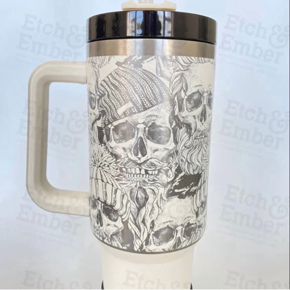 40 oz Stainless Steel Engraved Travel Tumbler with Handle – Skull Design – Insulated Large-Capacity Cup