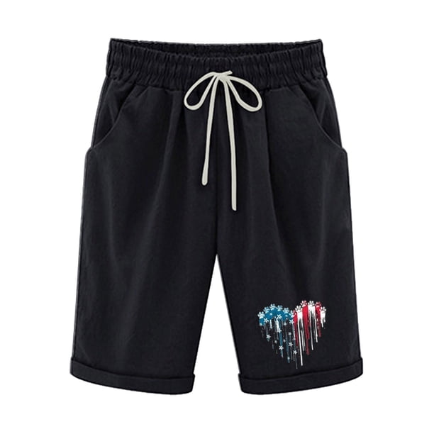 Pantalones Cortos Casuales para Mujer Día de la Independencia Impreso Elástico de la Cintura, Pantalones Cortos de Verano para Mujeres