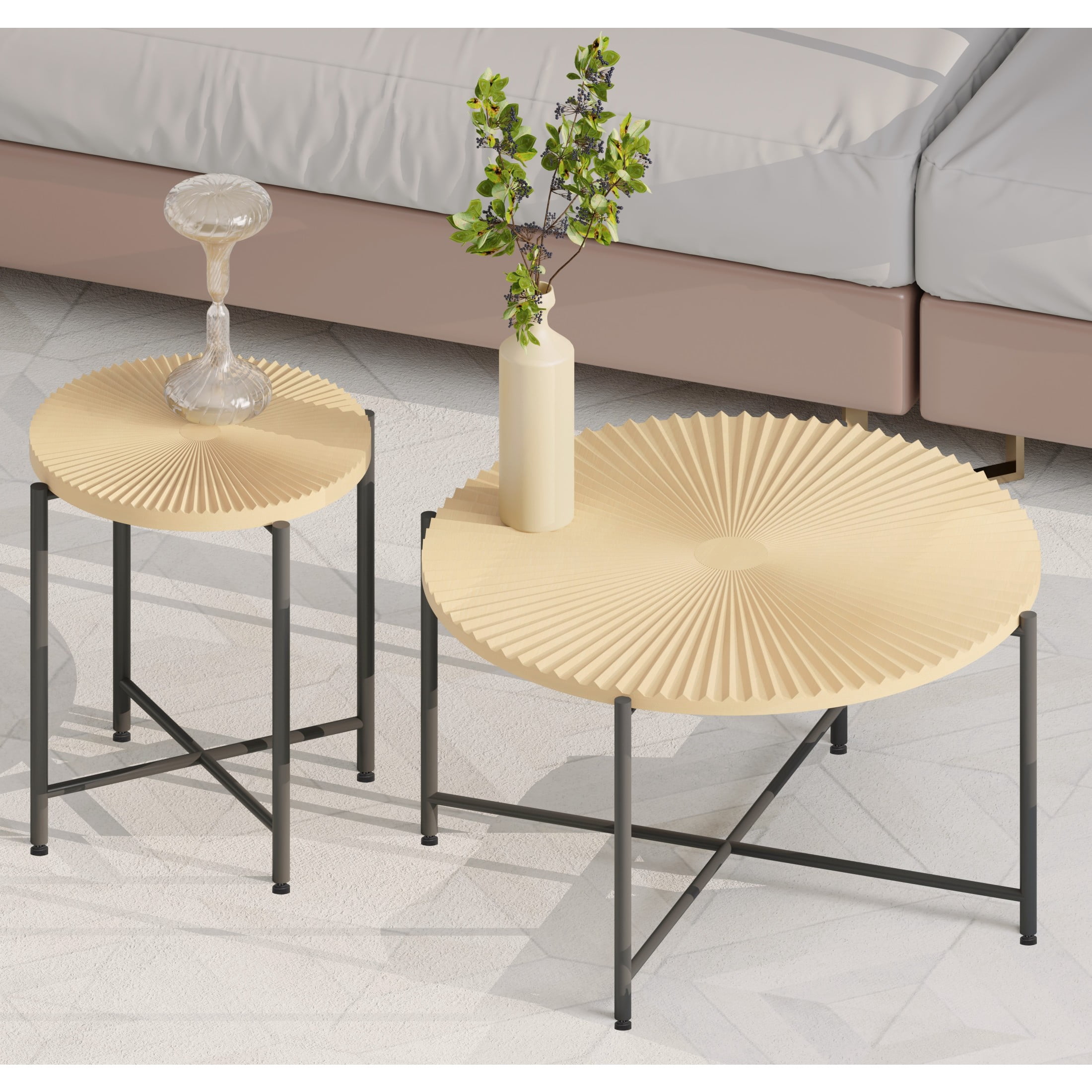 GDF Studio 2-Piece Rustic Coffee and End Table Set, Radial Pattern Tabletops, Black Metal Legs, Natural Oak