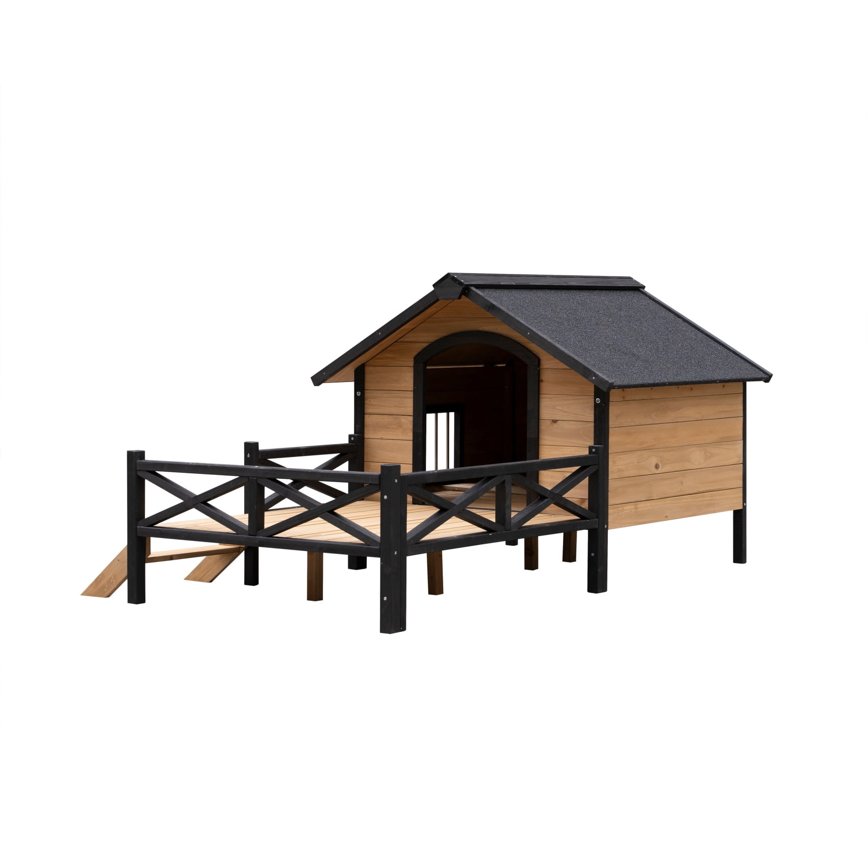 67'' Wooden Large Dog House w/Porch Deck,Iron Frame Dog Kennel for XL Dogs,Weatherproof Outdoor Dog House with Asphalt Roof,Elevated Cabin Style Pet Shelter,Honey