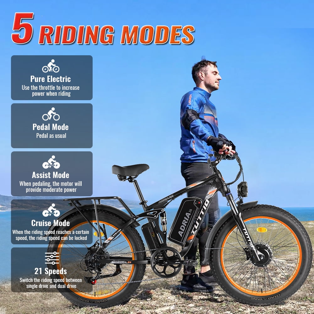TUTTIO Adria26 Electric Mountain Bike for Adults Teen, 5000W Men Off-Road Ebike, 26" Fat Tire Full Suspension Electric Bicycles, 7 Speed, 52V 30Ah Battery, Max 46Mph UL2849