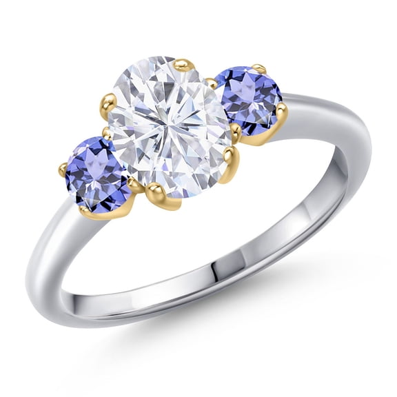 Gem Stone King 10K Two Tone Gold White Moissanite and Blue Tanzanite Engagement Ring for Women | 2.10 Cttw | Oval 8X6MM | Gemstone Birthstone | Size 6