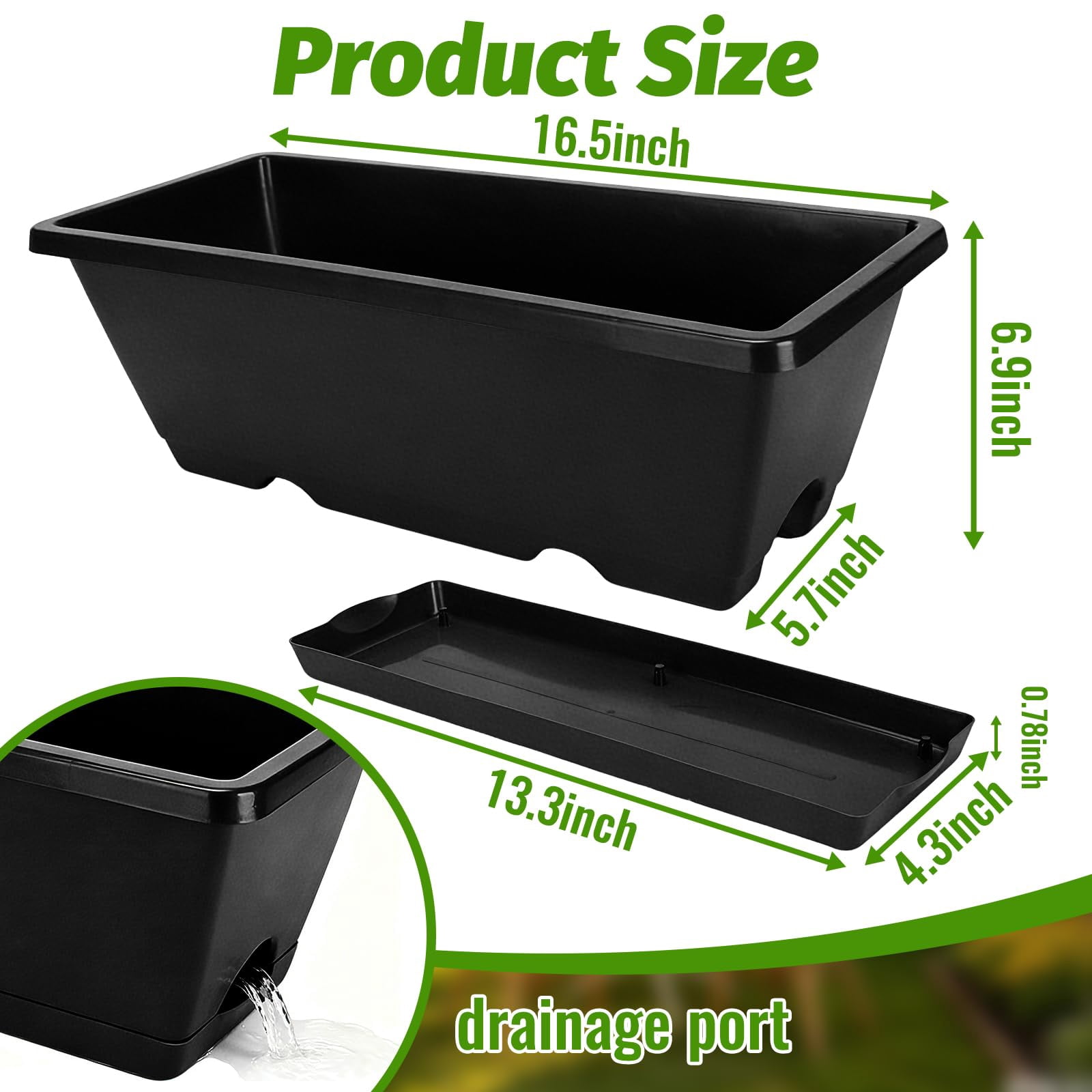 Window Boxes Black 7 Pack Plastic Rectangular Planters for Indoor/Outdoor Plants