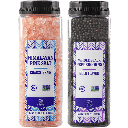Soeos Himalayan Pink Salt（39oz）and Whole Black Peppercorns Bulk Seasoning Set（18oz）Peppercorns