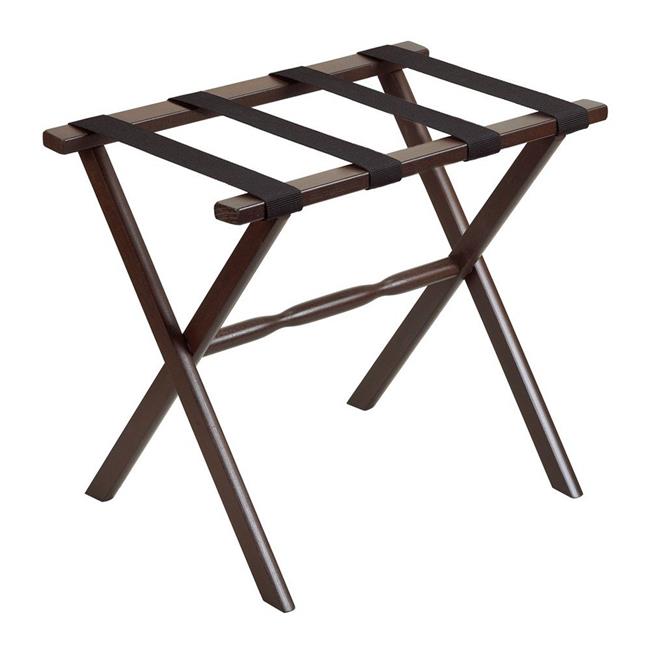 Hotel Dark Walnut Finish Wood Folding Luggage Rack with Tan Straps