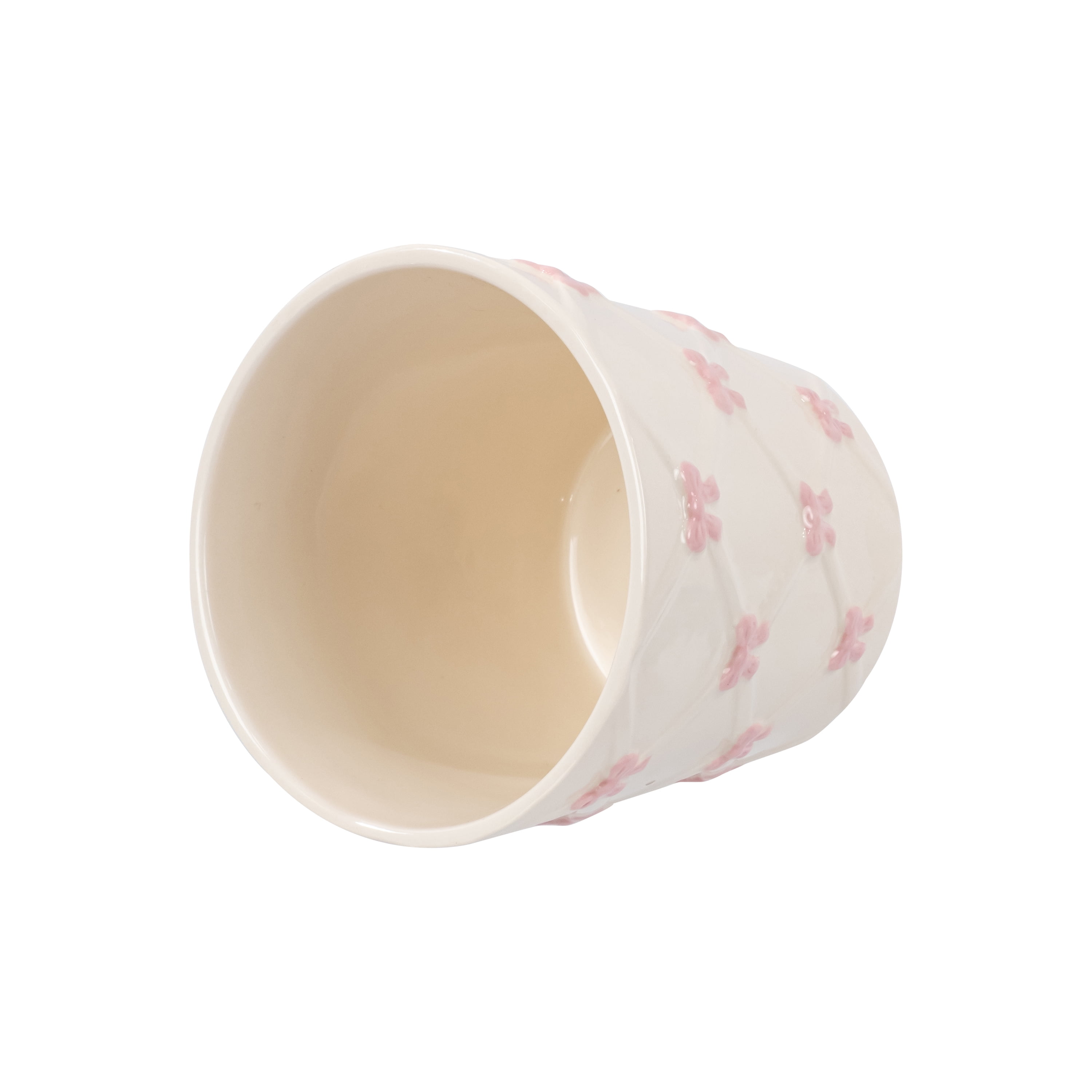Mainstays Round Ceramic Bow Planter, Cream and Pink, 6.25 in x 6.25 in x 6 in