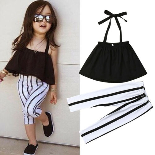 Toddler Kids Baby Girls Clothes Off Shoulder Top T-Shirt Stripe Pants  Outfits 1-6 Years 