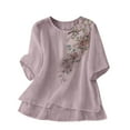 thumbnail image 2 of Busydd Plus Size Womens Tops M-4XL Casual Solid Color Short Sleeve Going Out Tops for Women Trendy Round Neck Embroidered Spring Summer Tops Comfy Peasant Cotton Linen Shirts, 2 of 4